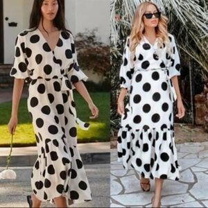 H&M Polka Dot Wrap White Black Midi Dress Size XS